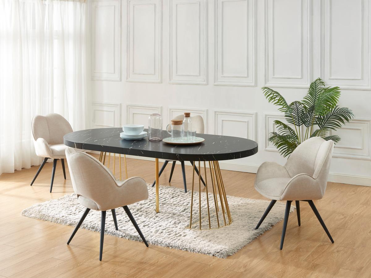 Vente-unique Table à manger extensible 2 à 12 personnes en MDF et acier - Effet marbre noir et Doré - FIRELA  