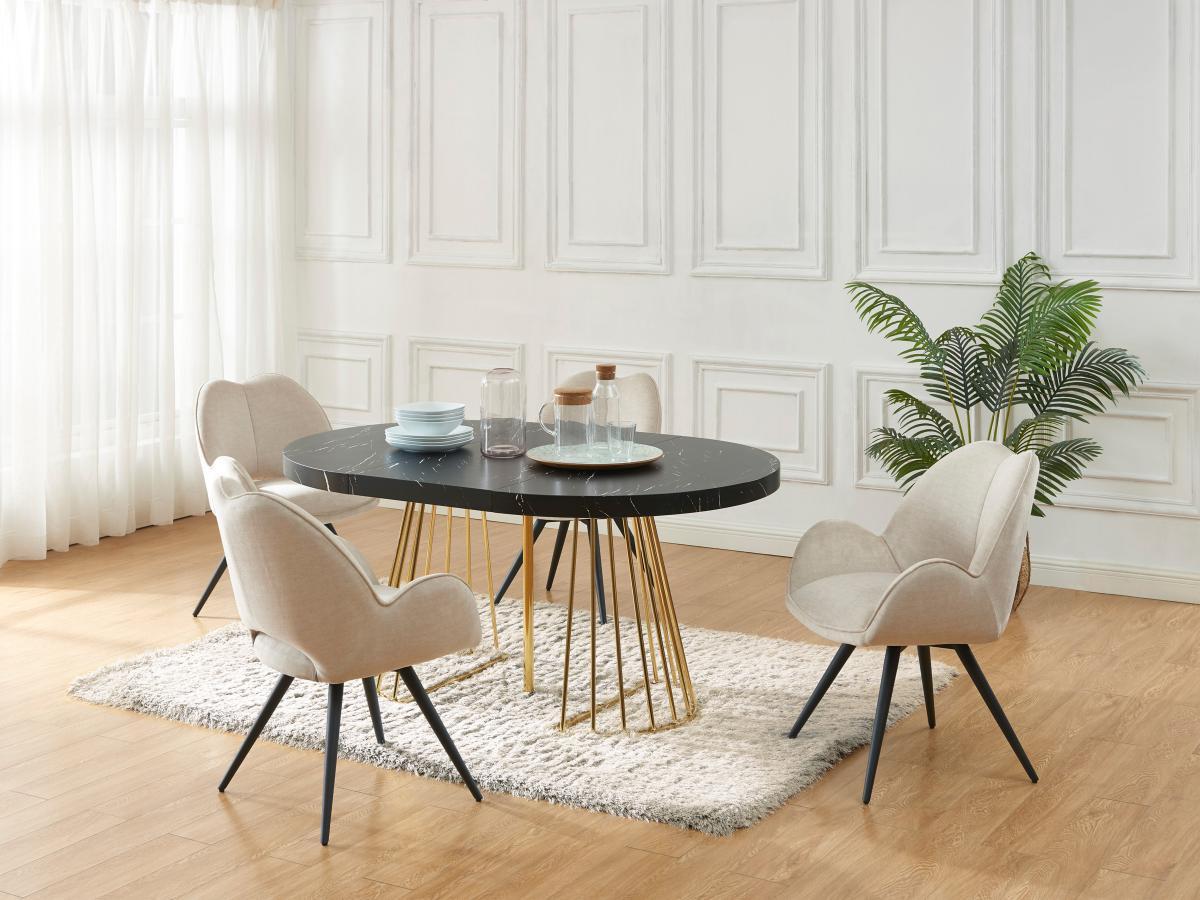 Vente-unique Table à manger extensible 2 à 12 personnes en MDF et acier - Effet marbre noir et Doré - FIRELA  