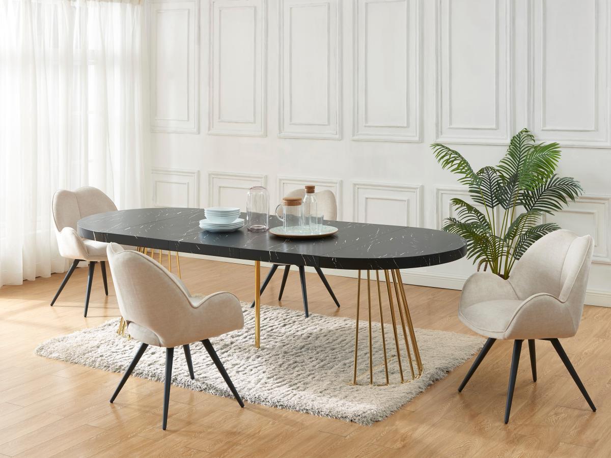 Vente-unique Table à manger extensible 2 à 12 personnes en MDF et acier - Effet marbre noir et Doré - FIRELA  