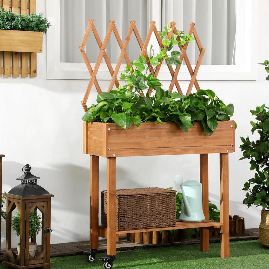 Northio Hochbeet Mit Rankgitter Blumenkasten Auf Rollen & Ablage, Massivholz, Für Terrasse, Braun, 79X29X130Cm  
