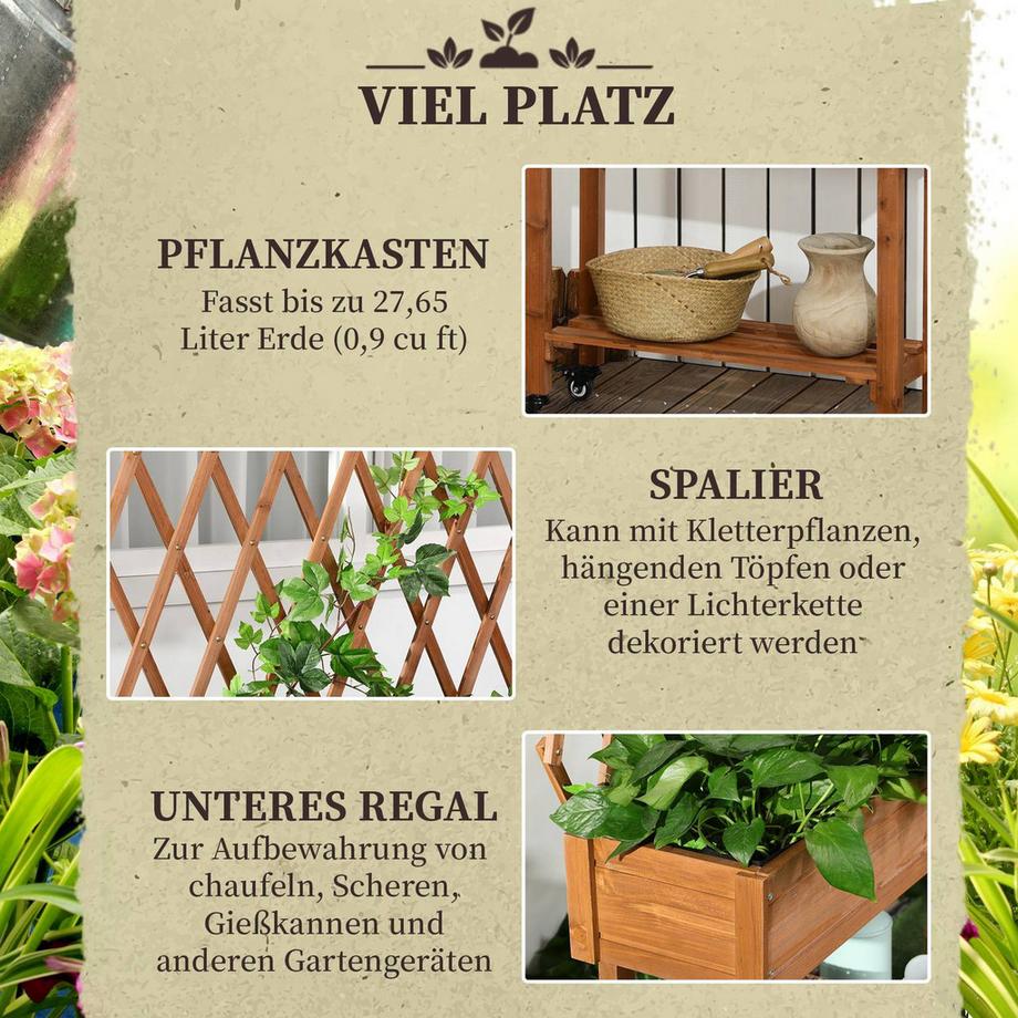 Northio Hochbeet Mit Rankgitter Blumenkasten Auf Rollen & Ablage, Massivholz, Für Terrasse, Braun, 79X29X130Cm  