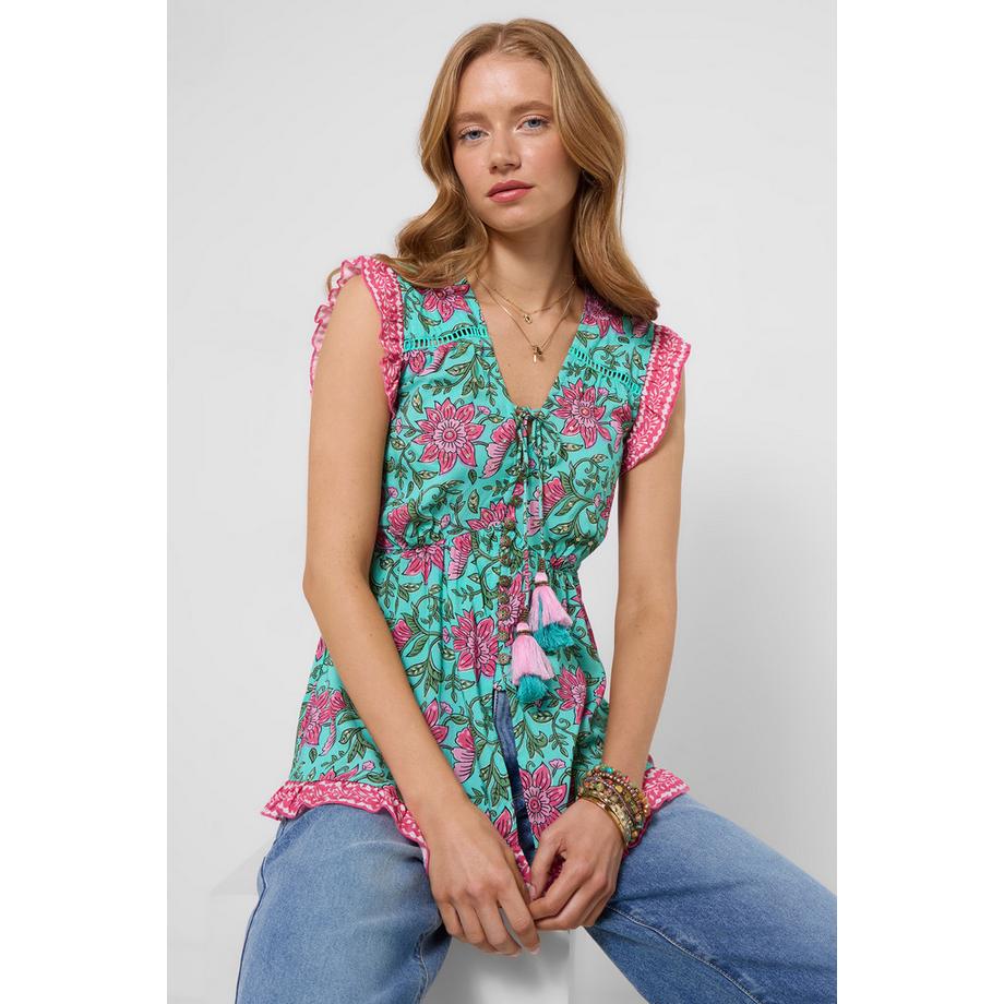 Blouse Imprimé Floral avec Lien à Pampilles et Détail Bordure