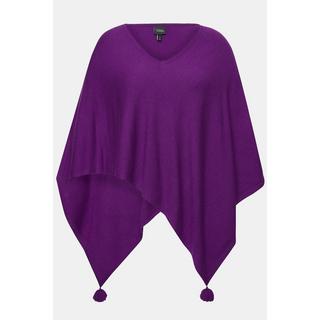 Ulla Popken  Poncho en maille, finition en pointe, pompon, col en V, sans manches 