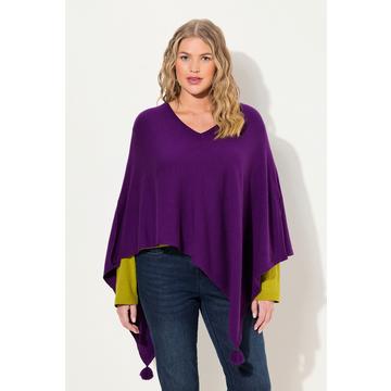 Poncho en maille, finition en pointe, pompon, col en V, sans manches