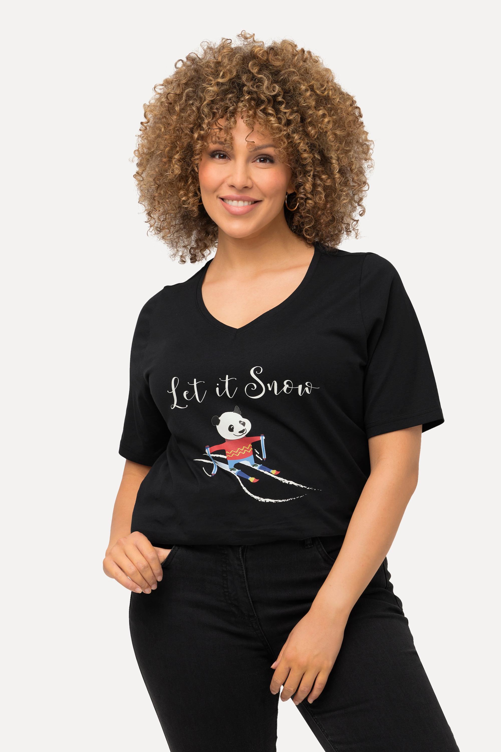 Ulla Popken  Weihnachts-Shirt, Panda, Classic, V-Ausschnitt, Halbarm 