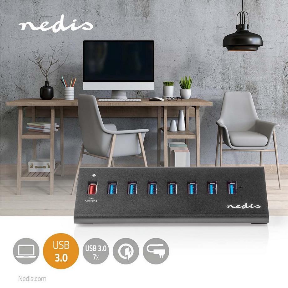 USB-Hub | USB Micro-B-Buchse | USB-A-Buchse | 8-Port-Anschluss/-Anschlüsse | QC3.0 / USB 3.2 Gen 1 | Netzteil / USB Power | 5 Gbps | 8x USB