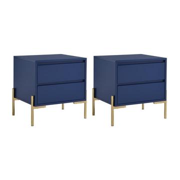 Lot de 2 tables de chevet avec 2 tiroirs - MDF et métal - Bleu laqué et doré - KORASA de Pascal Morabito