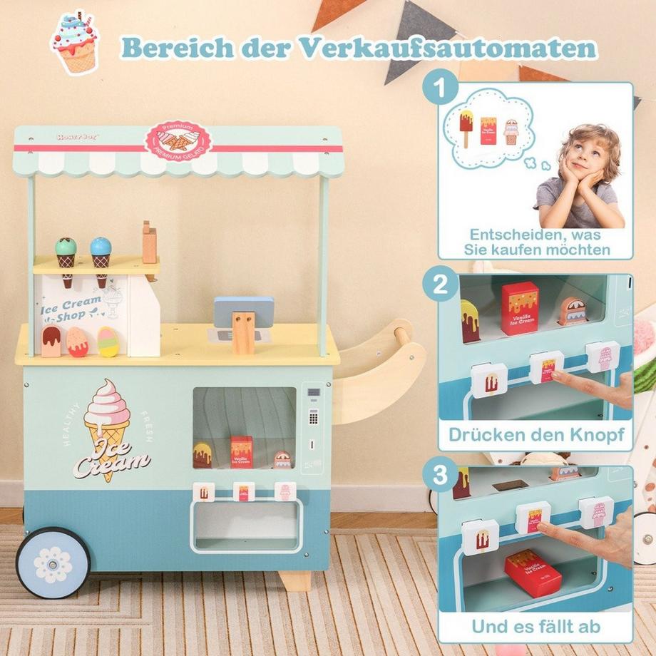 Northix  Camion dei gelati per bambini con negozio di giocattoli in legno con gelatiera verde 