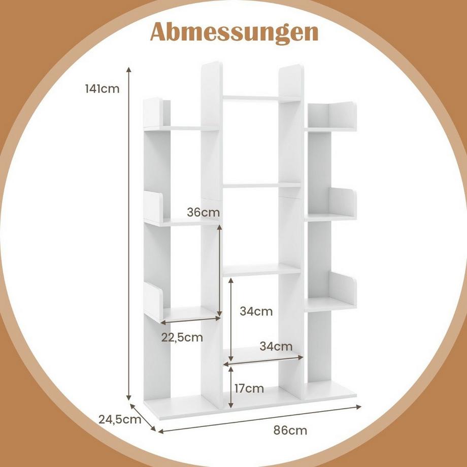 Northix Bücherregal im Baumform Regal mit 13 offenen Fächern 86 x 24,5 x 141 cm Weiß  