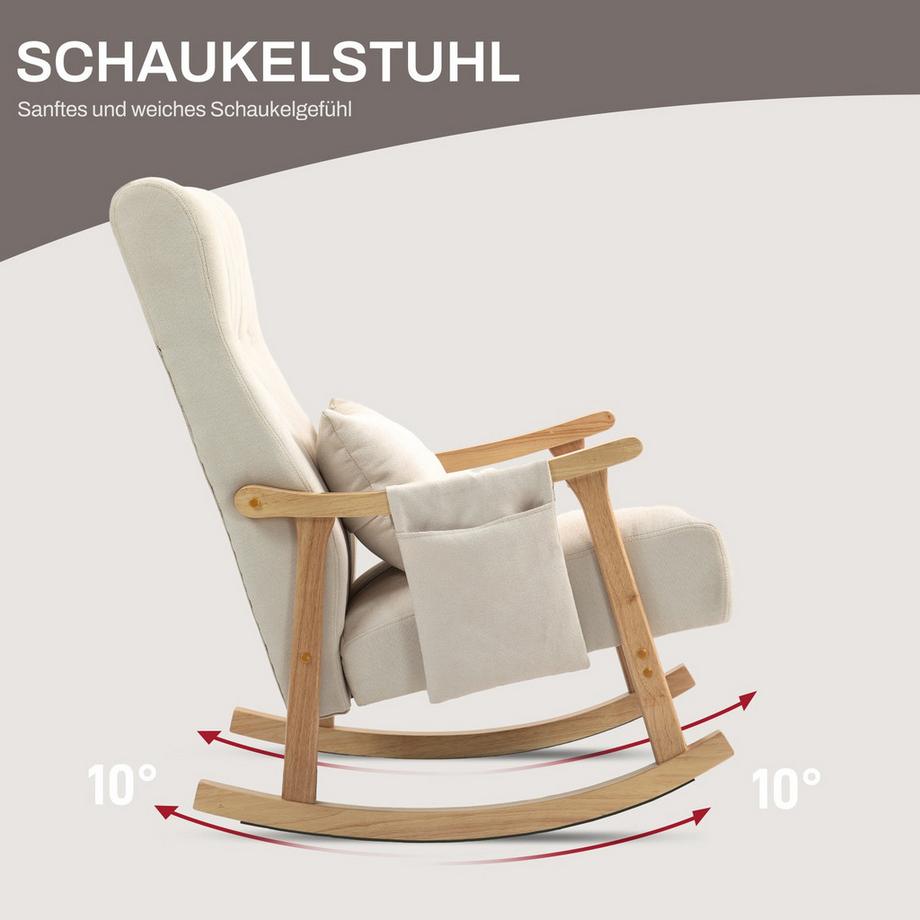 Northio Schaukelstuhl gepolsterter Schaukelsessel mit Lendenkissen Seitentasche Relaxsessel Holzrahmen Leinenoptik für Wohnzimmer Schlafzimmer Beige  