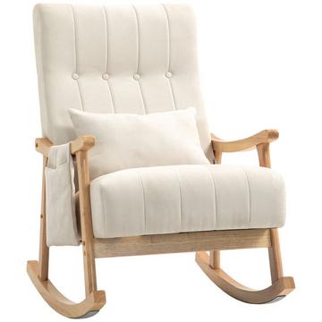 Chaise à bascule rembourrée avec coussin lombaire, poche latérale, chaise de relaxation, structure en bois, aspect lin, pour salon, chambre à coucher, beige