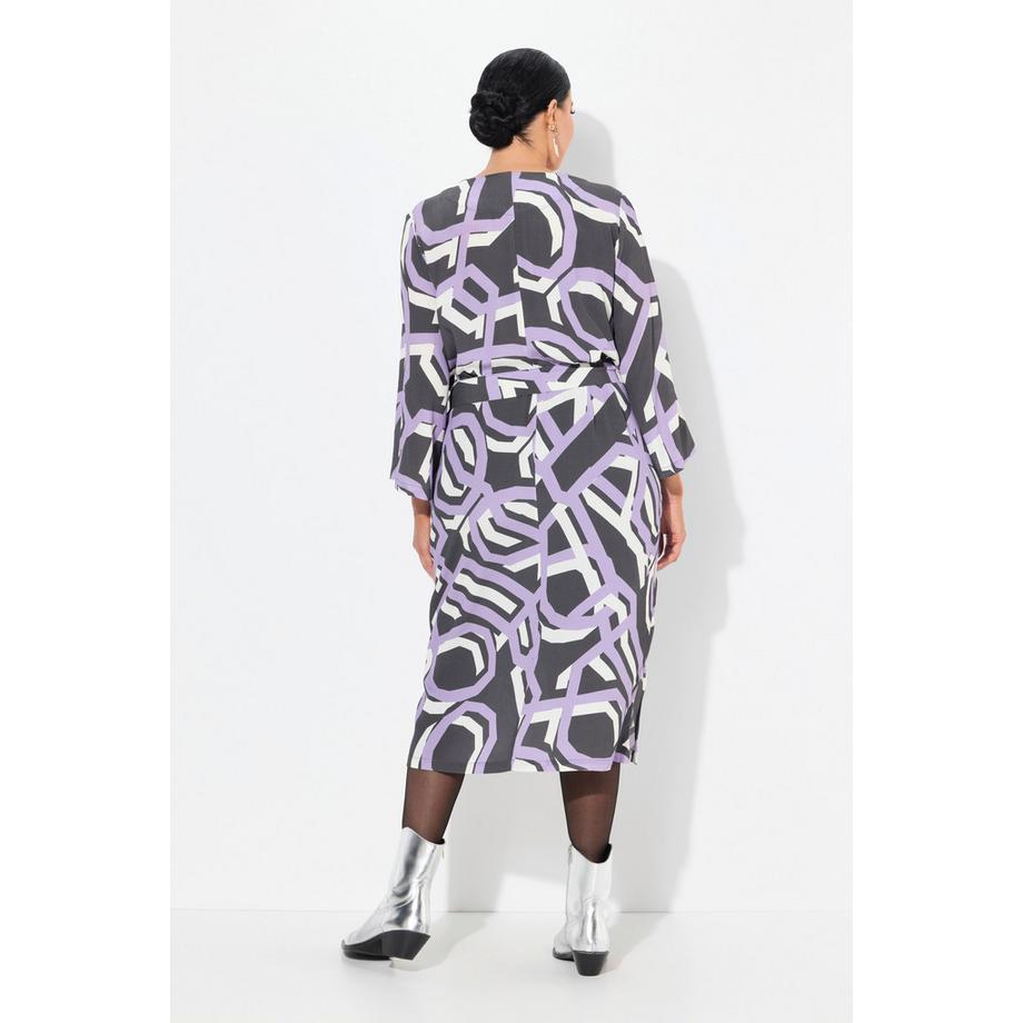 Ulla Popken Kleid Tunika-Ausschnitt 3/4-Arm Bindegürtel Grafisches Muster  