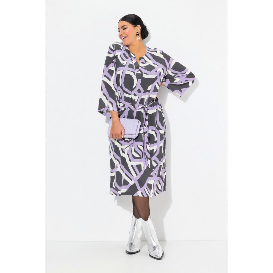 Ulla Popken Kleid Tunika-Ausschnitt 3/4-Arm Bindegürtel Grafisches Muster  