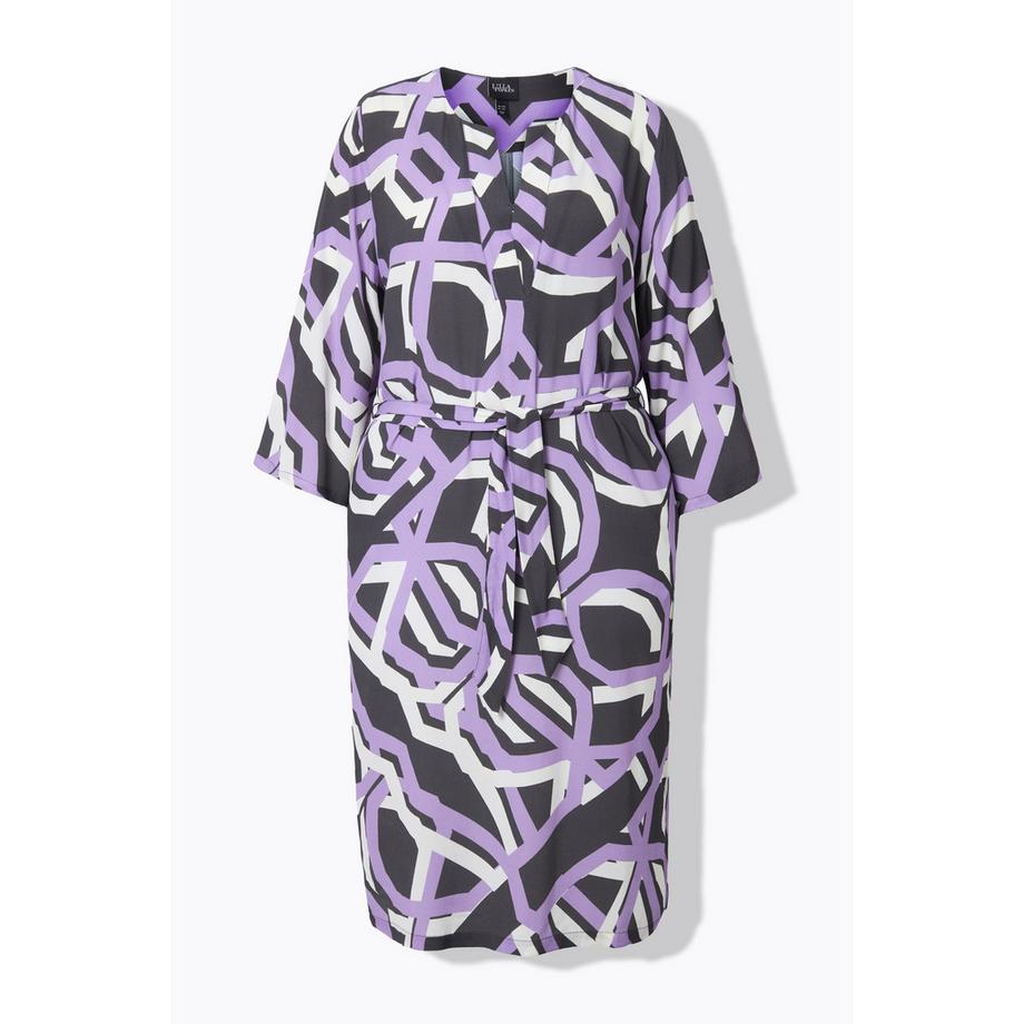 Ulla Popken Kleid Tunika-Ausschnitt 3/4-Arm Bindegürtel Grafisches Muster  
