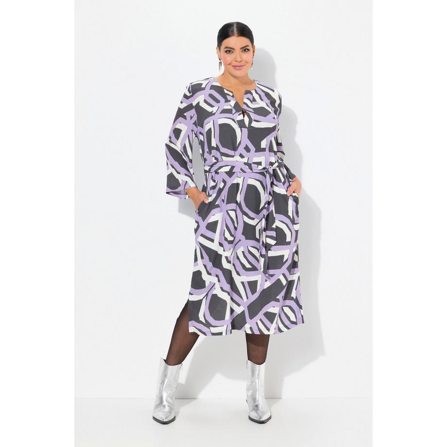 Ulla Popken Kleid Tunika-Ausschnitt 3/4-Arm Bindegürtel Grafisches Muster  