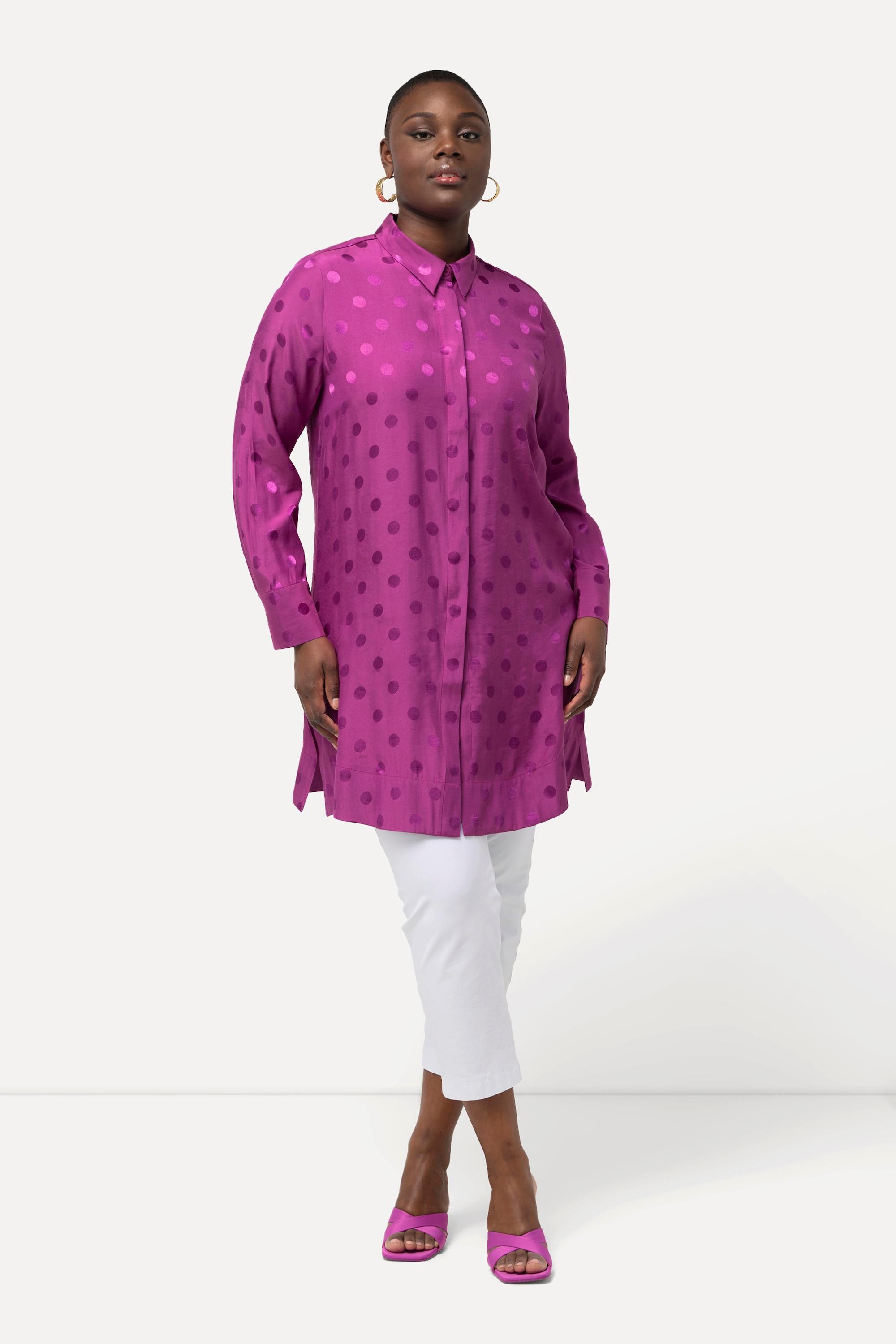 Ulla Popken  Blouse longue à pois jacquard avec col de chemise et manches longues 