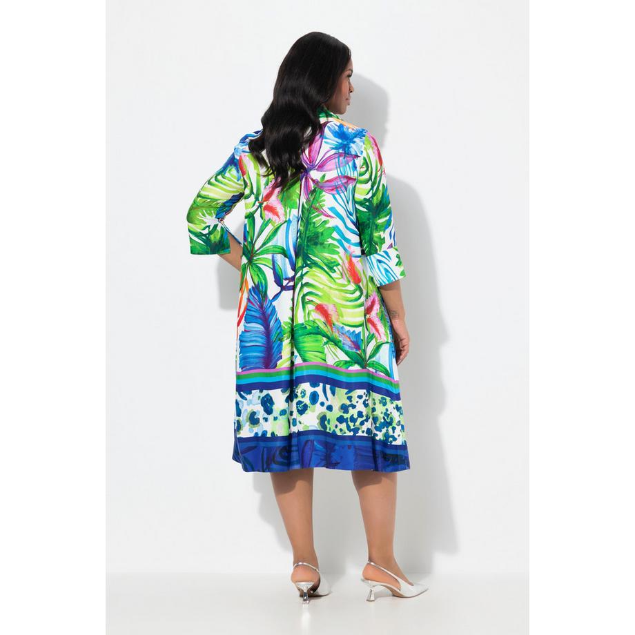 Ulla Popken Robe Midi Satin Feuilles Coupe Évasée Col Chemise Manches 3/4  