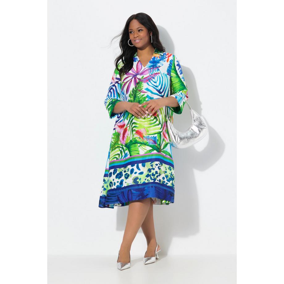 Ulla Popken Robe Midi Satin Feuilles Coupe Évasée Col Chemise Manches 3/4  