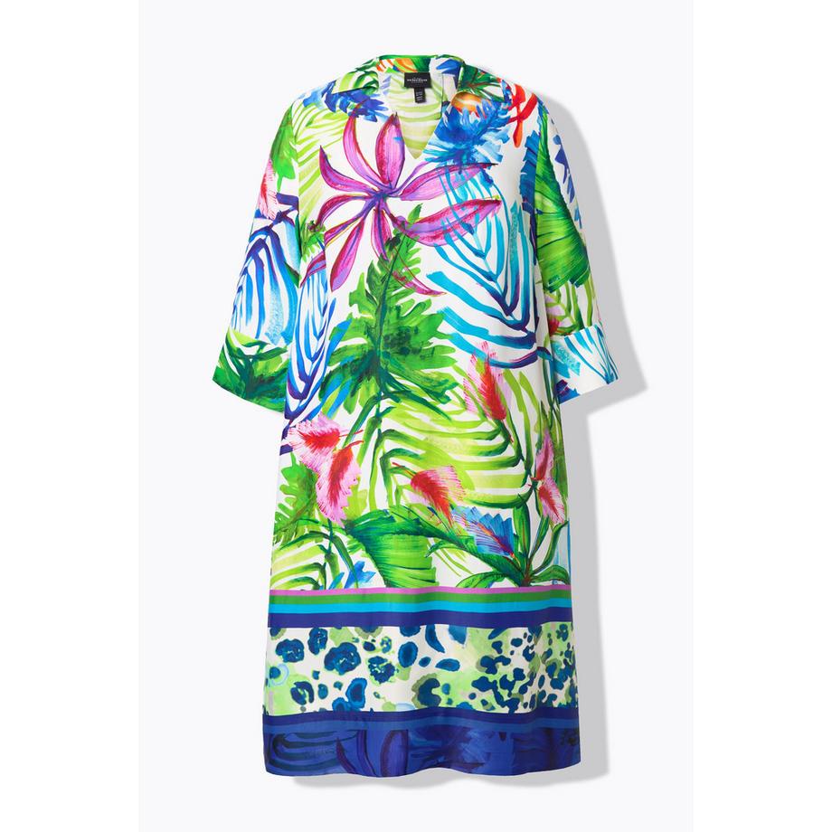 Ulla Popken Robe Midi Satin Feuilles Coupe Évasée Col Chemise Manches 3/4  