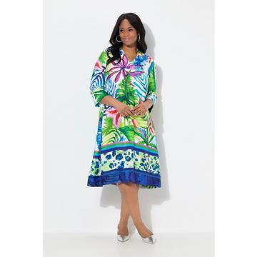 Satin-Midikleid, Blätter, A-Linie, Hemdkragen, 3/4-Arm