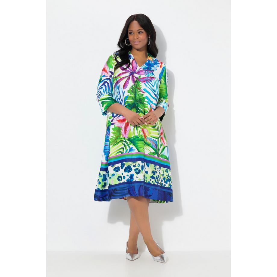 Ulla Popken Robe Midi Satin Feuilles Coupe Évasée Col Chemise Manches 3/4  