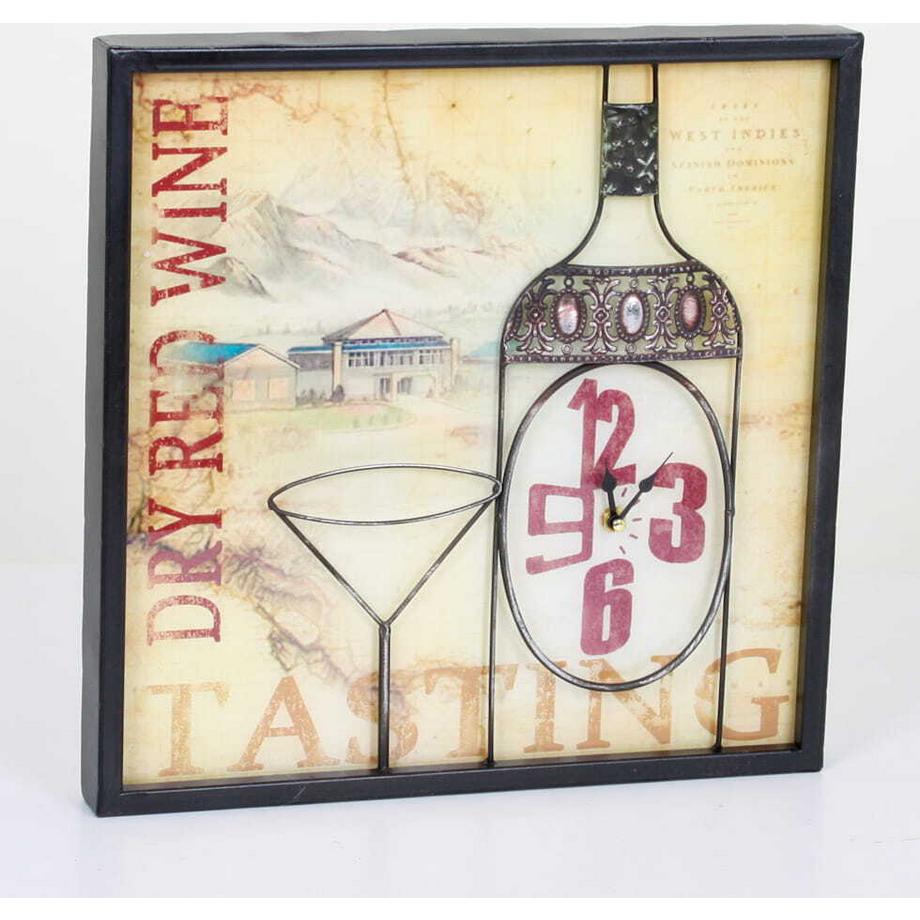 Tableau mural Bouteille de vin rouge avec horloge Orianthe acier 40x40