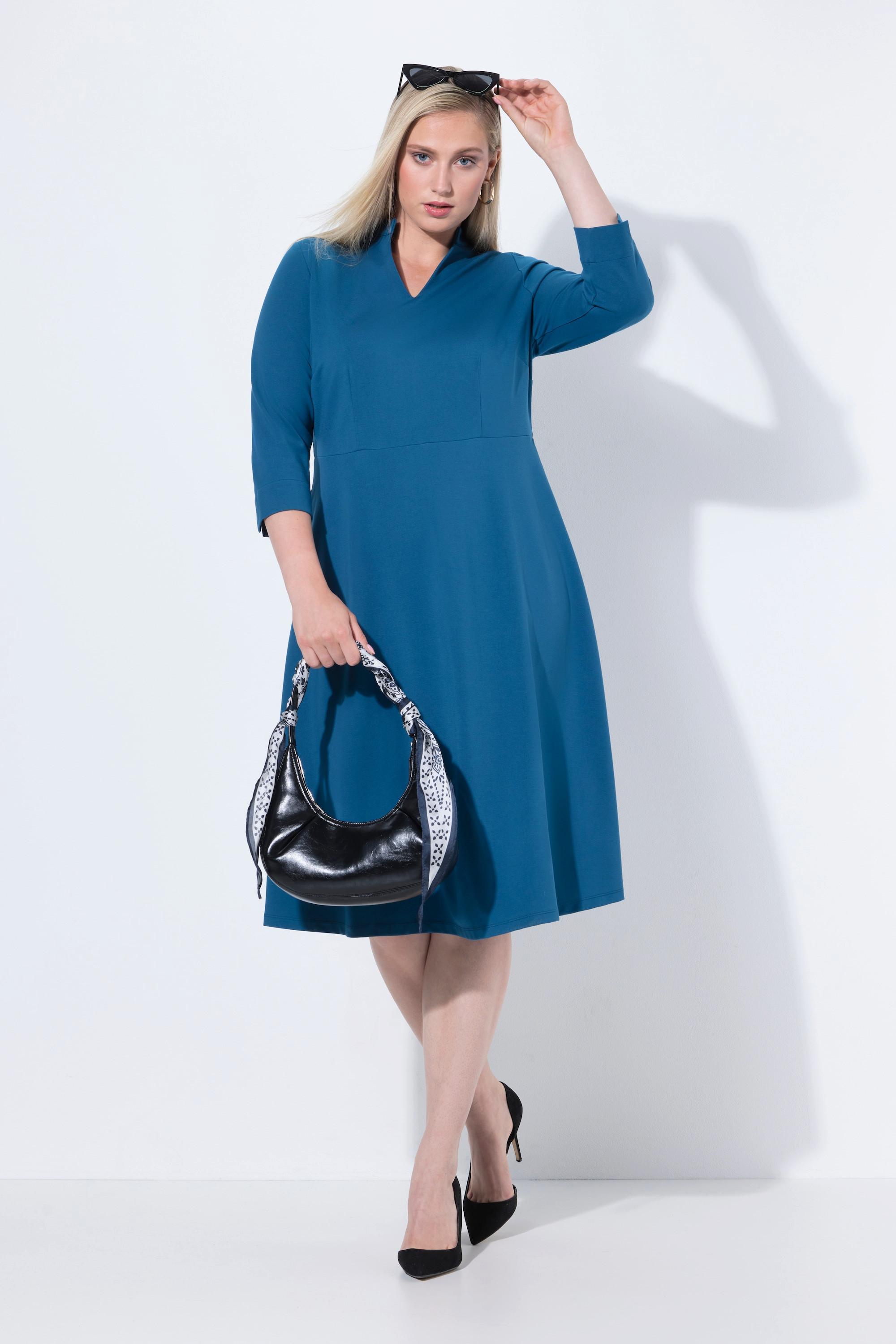 Ulla Popken Robe Punto di Roma Coupe Évasée Col V Manches 3/4  