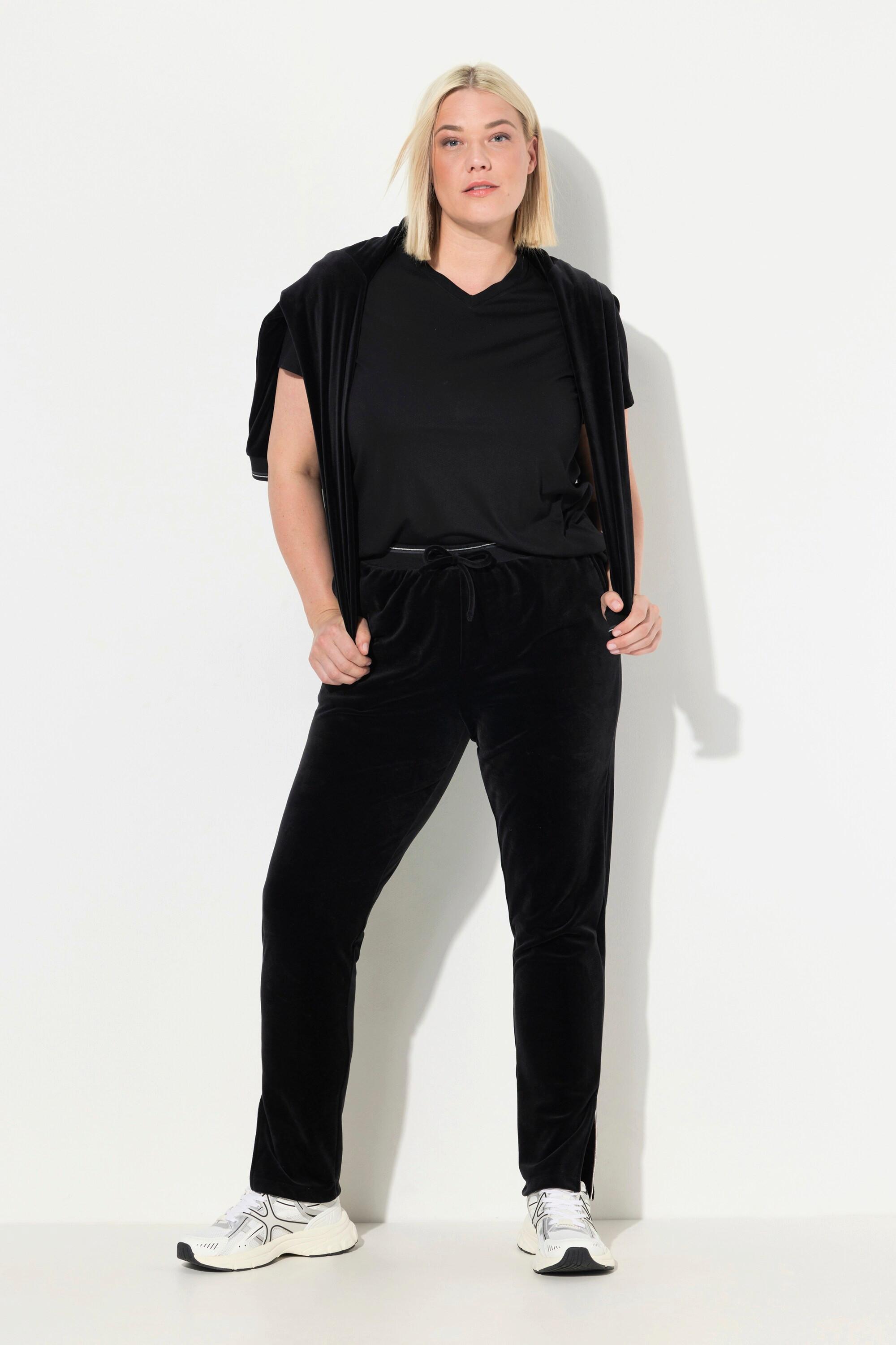 Ulla Popken  Pantalon de jogging en velours, passepoil brillant, taille élastique et poches 