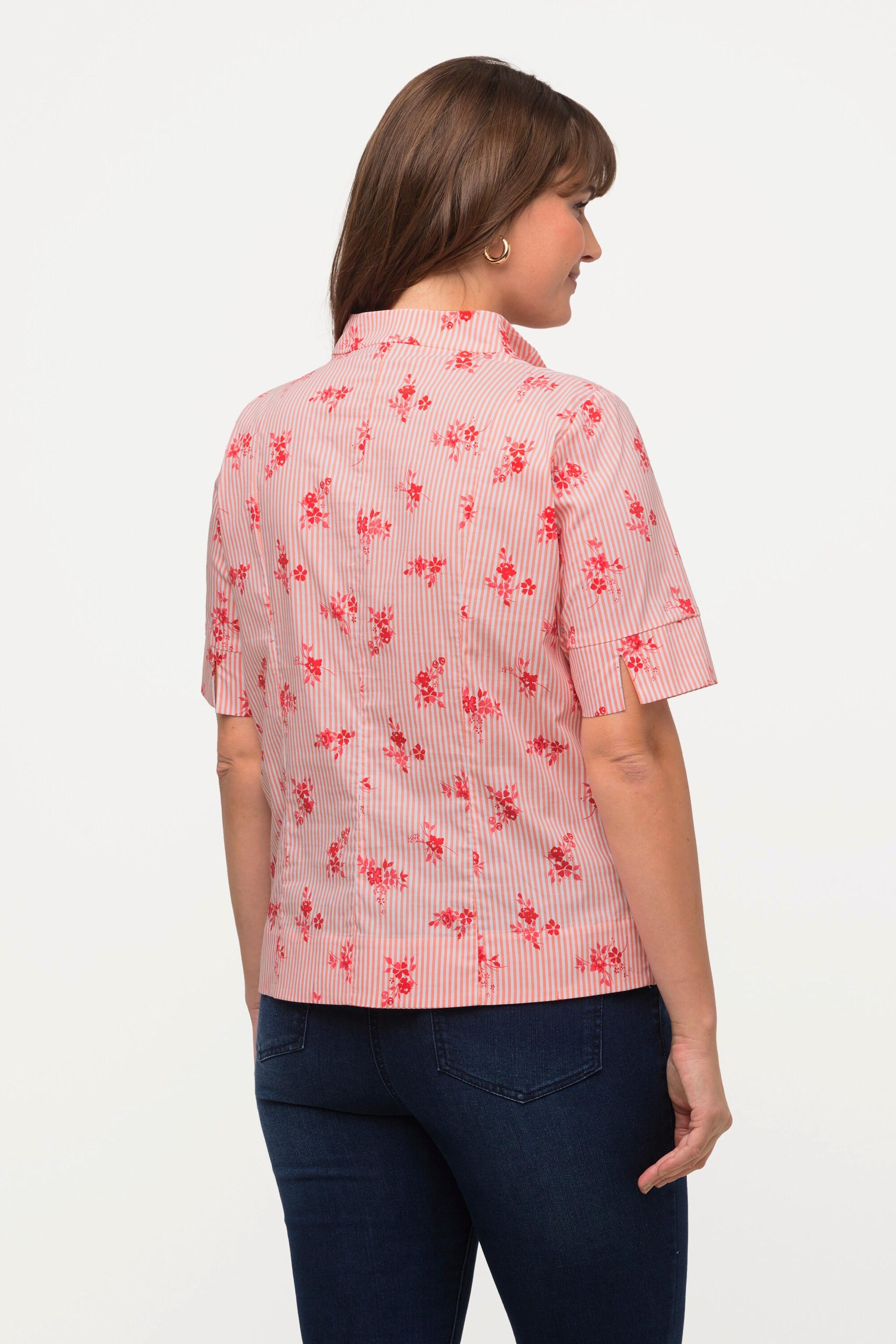 Ulla Popken  Blusa con fiori, righe, scollo montante e mezze maniche 