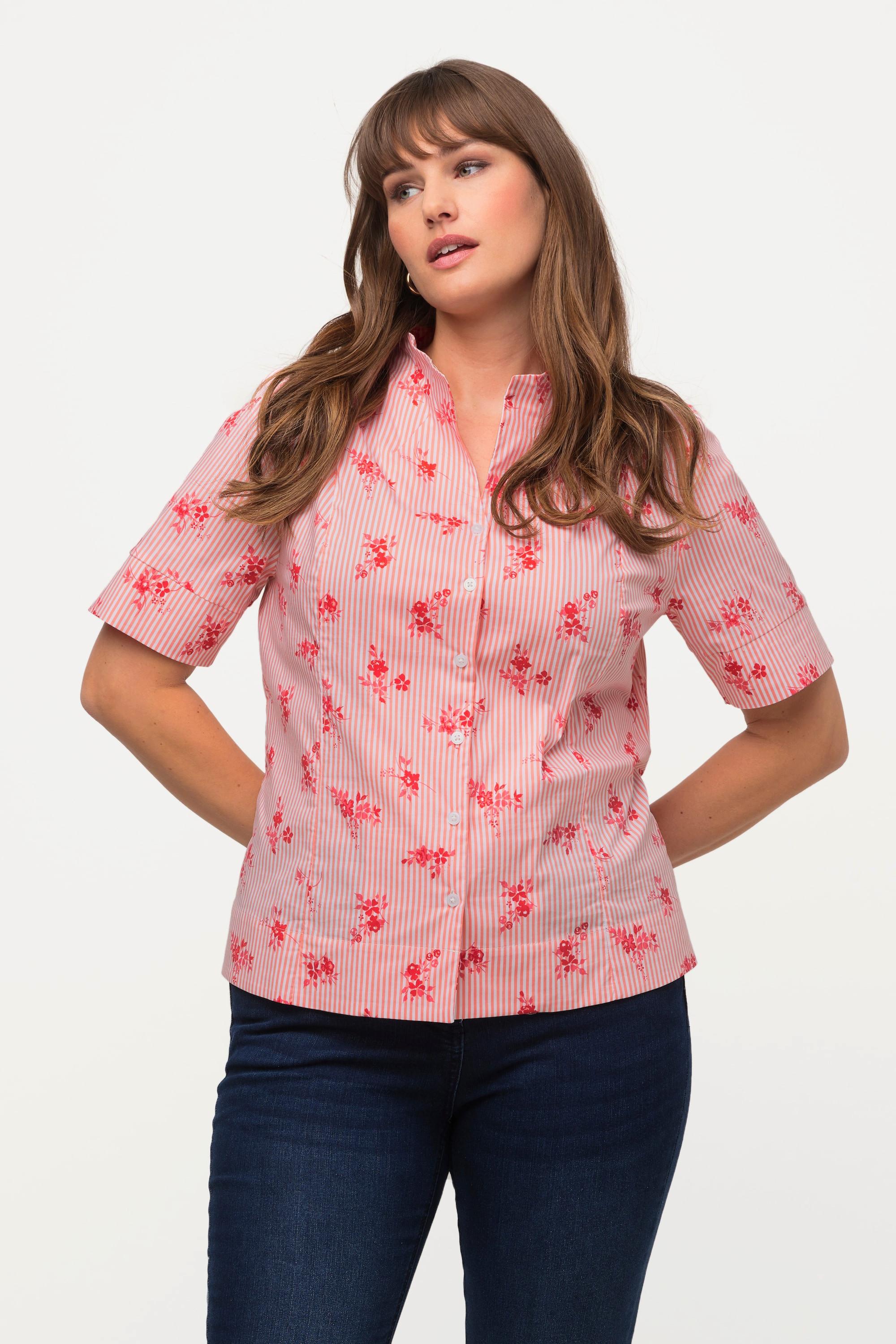 Ulla Popken  Blusa con fiori, righe, scollo montante e mezze maniche 