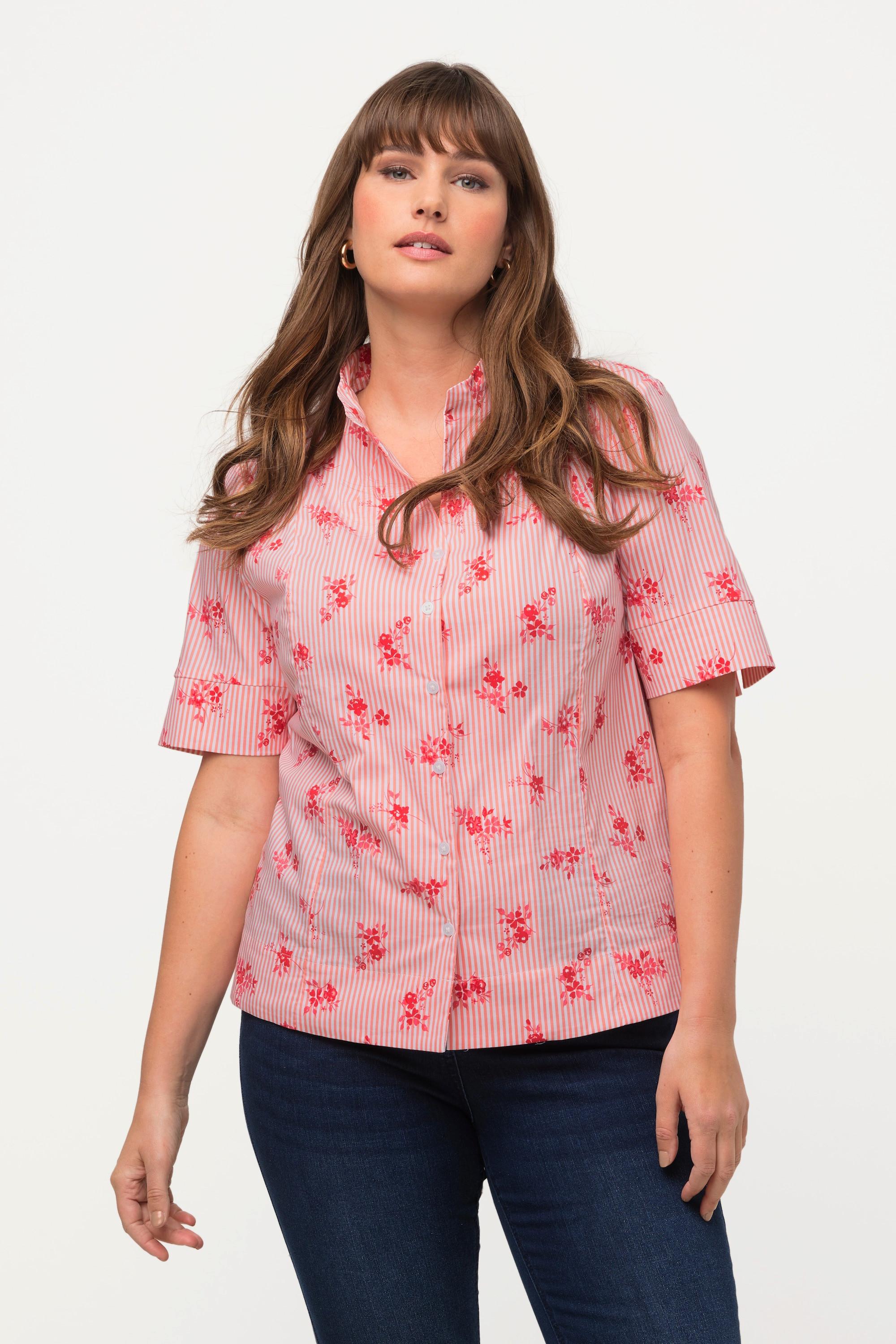 Ulla Popken  Blusa con fiori, righe, scollo montante e mezze maniche 