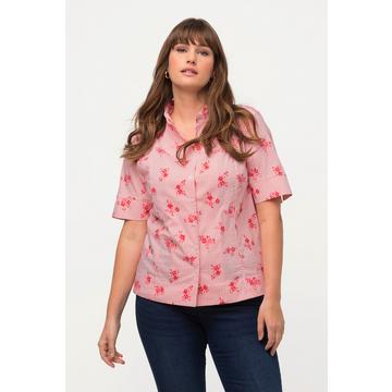 Blusa con fiori, righe, scollo montante e mezze maniche