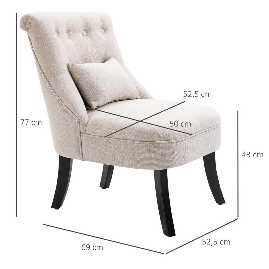 Northio Sedia relax, poltrona con cuscino per lo schienale, poltrona lounge con aspetto lino, gambe in legno, per soggiorno, camera da letto, 52,5 x 69 x 77 cm, bianco crema  