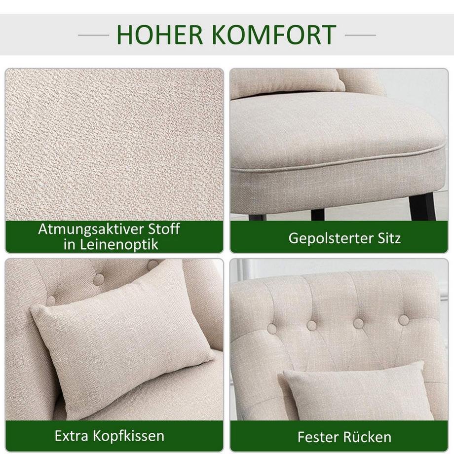 Northio Sedia relax, poltrona con cuscino per lo schienale, poltrona lounge con aspetto lino, gambe in legno, per soggiorno, camera da letto, 52,5 x 69 x 77 cm, bianco crema  
