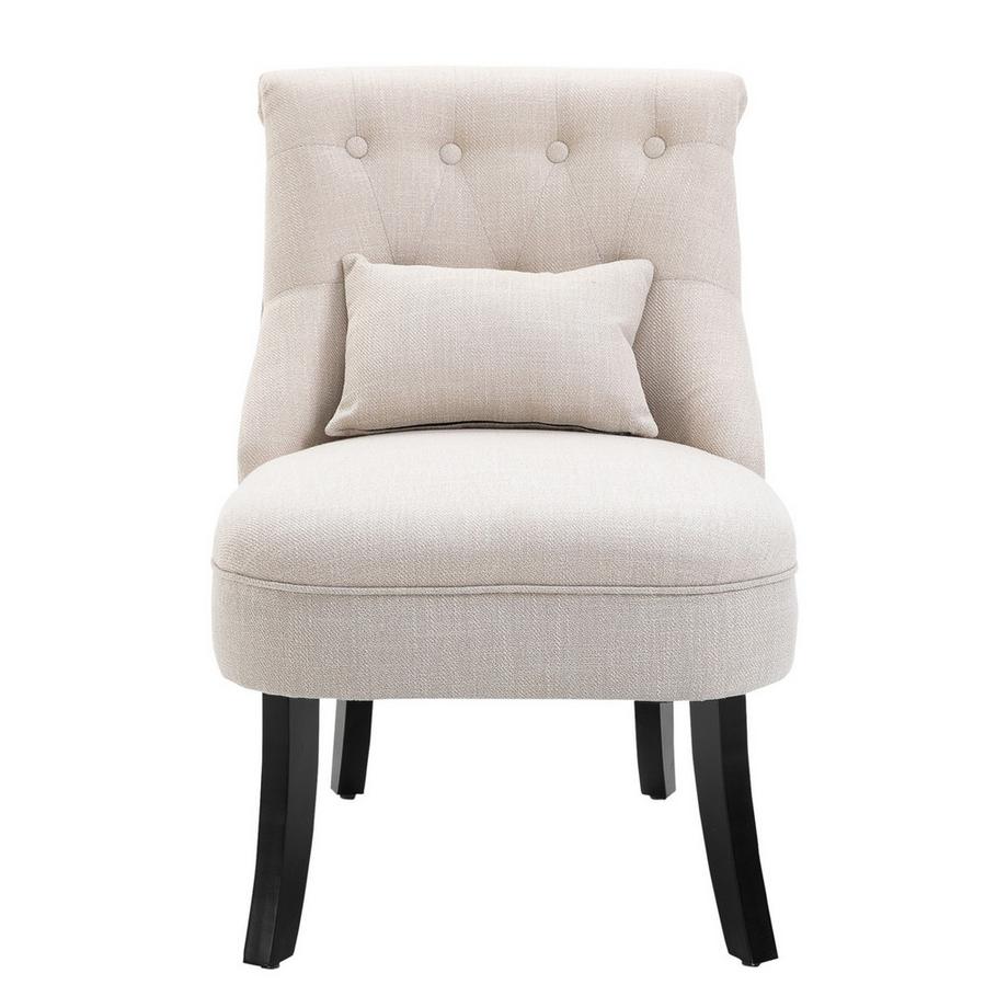 Sedia relax, poltrona con cuscino per lo schienale, poltrona lounge con aspetto lino, gambe in legno, per soggiorno, camera da letto, 52,5 x 69 x 77 cm, bianco crema