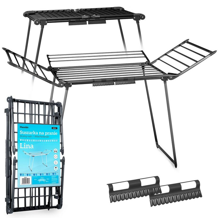 B2X  Etendoir pliable noir avec ligne de 22 mètres 
