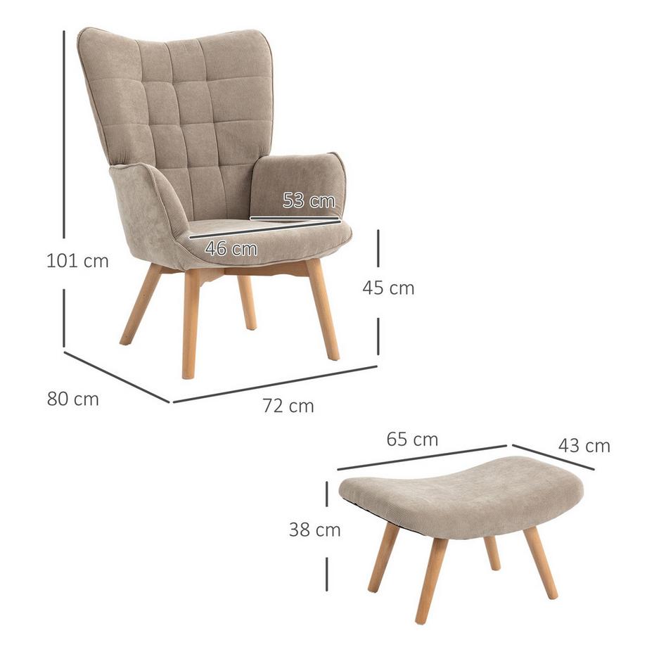 Northio  Ohrensessel mit Hocker, Relaxsessel, Polstersessel in Cord-Optik, Loungesessel, Armlehnstuhl mit Holzbeine, Fernsehsessel für Wohnzimmer, Braun 