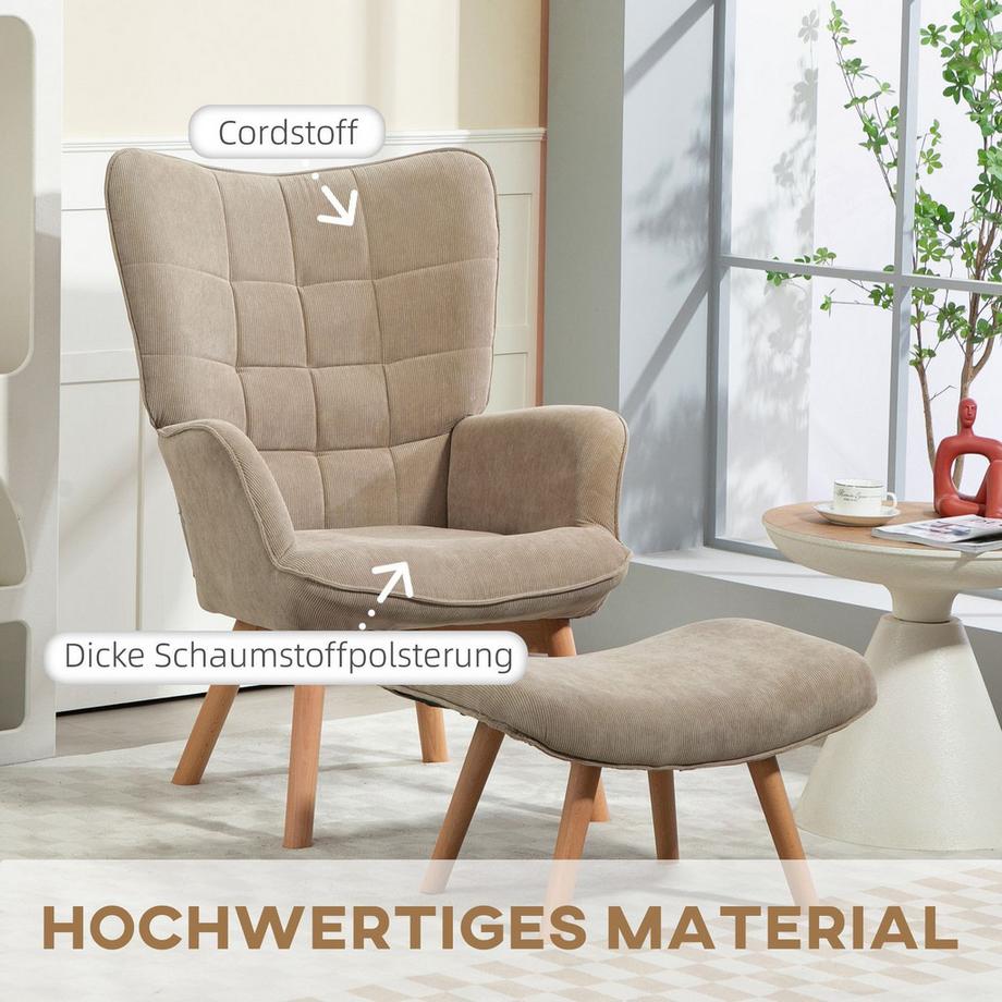 Northio  Ohrensessel mit Hocker, Relaxsessel, Polstersessel in Cord-Optik, Loungesessel, Armlehnstuhl mit Holzbeine, Fernsehsessel für Wohnzimmer, Braun 