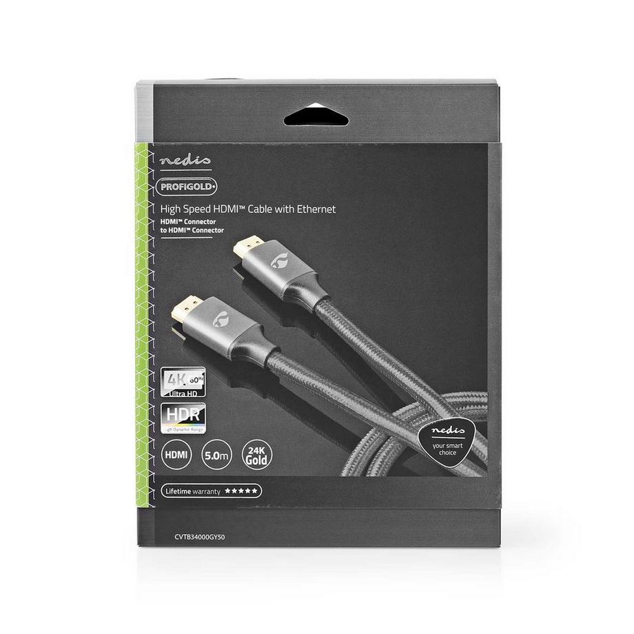 Nedis  High Speed HDMI™ Kabel mit Ethernet | HDMI™ Connector | HDMI™ Connector | 4K@60Hz | ARC | 18 Gbps | 5.00 m | Rund | Baumwolle | Grau / Grau mit Metall | Box mit abgedecktem Fenster 