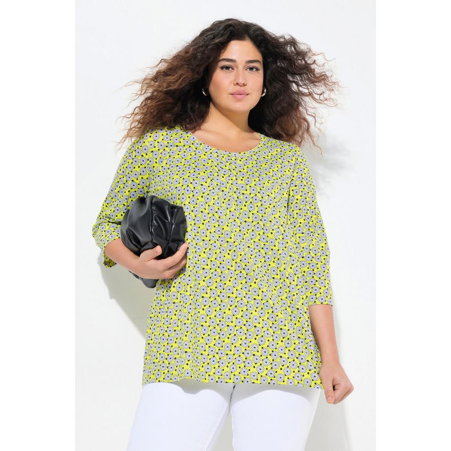 Ulla Popken T-shirt floral ligne A avec plis fantaisie col rond manches 3/4  