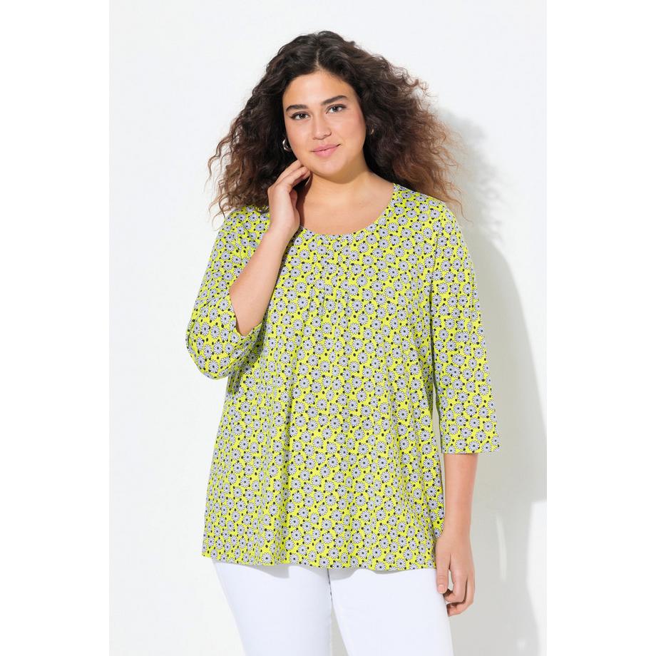 Ulla Popken T-shirt floral ligne A avec plis fantaisie col rond manches 3/4  