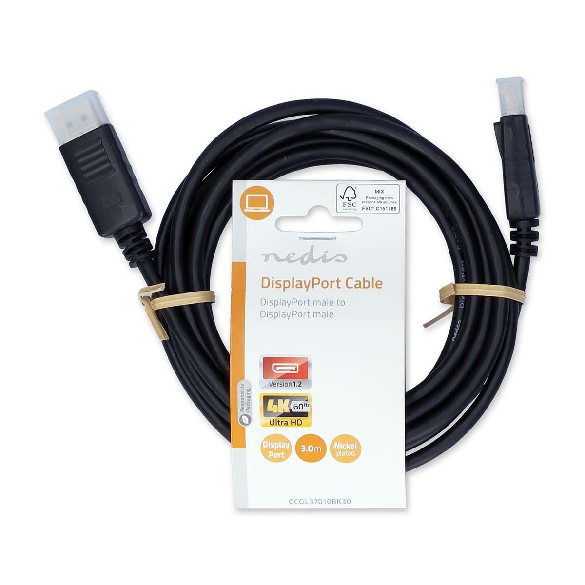 Nedis  Câble Displayport | DisplayPort Mâle | DisplayPort Mâle | 4K@60Hz | Nickelé | 3.00 m | Rond | PVC | Noir | Label 