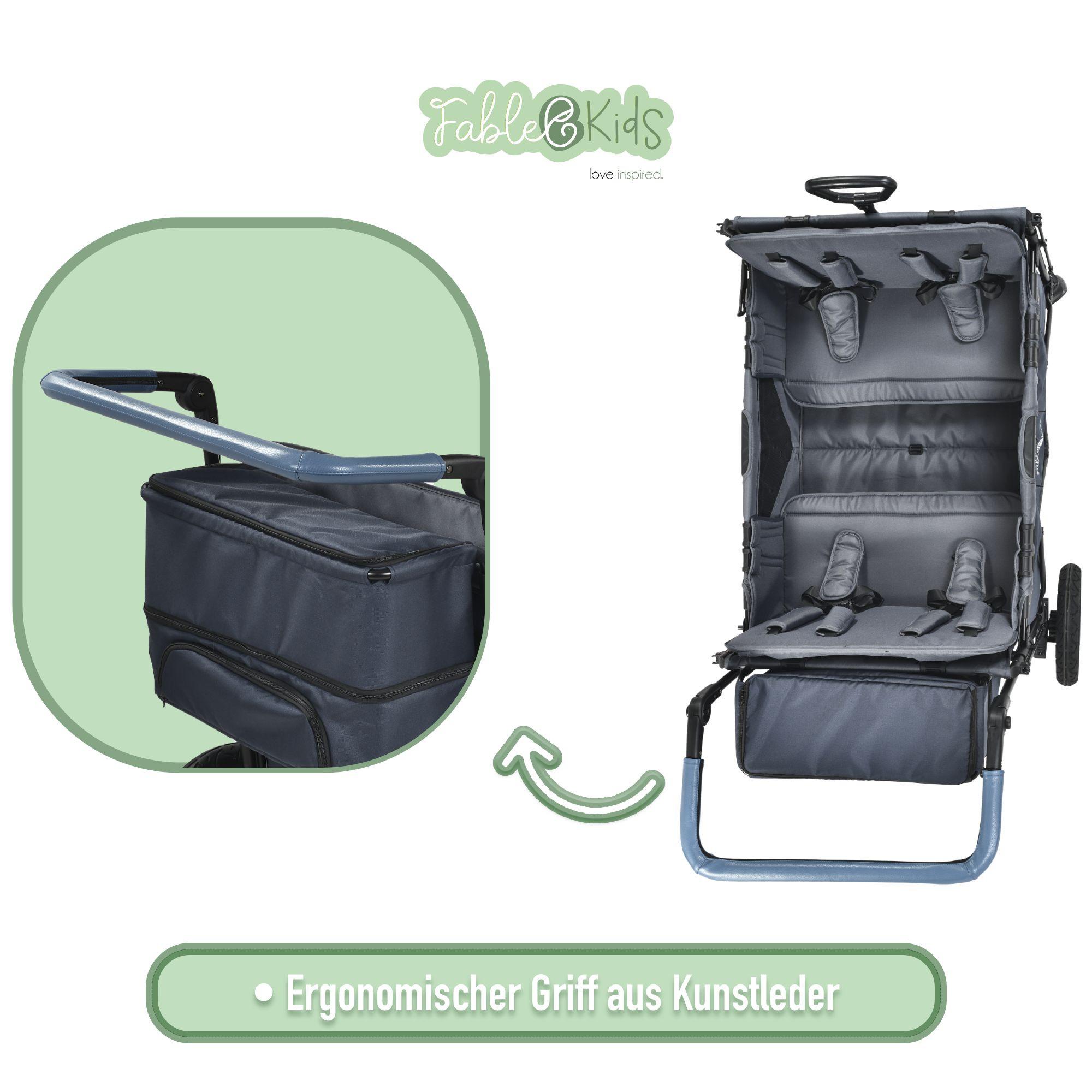 FableKids Chariot Leo X4Lite avec toit | Chariot de transport pliable | Charge jusqu'à 20 kg par siège | Harnais 5 points | Roues 360° | Frein à pied | Oxford 600D| Gris fossile