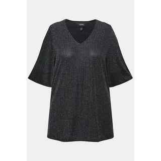 Ulla Popken  T-shirt dal taglio svasato con righe glitter, scollatura a V e mezze maniche 