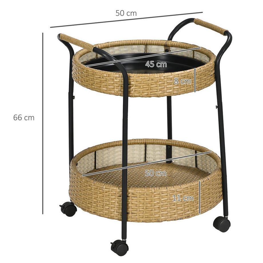Northio Servierwagen Rattan Trolley Mit 2 Regalen, Gartenrollwagen, Runde Küchenwagen Mit Griffen, Outdoor Barwagen, Stahlrahmen, Natur, Φ50 X 66 Cm  