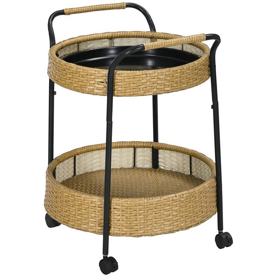 Servierwagen Rattan Trolley Mit 2 Regalen, Gartenrollwagen, Runde Küchenwagen Mit Griffen, Outdoor Barwagen, Stahlrahmen, Natur, Φ50 X 66 Cm