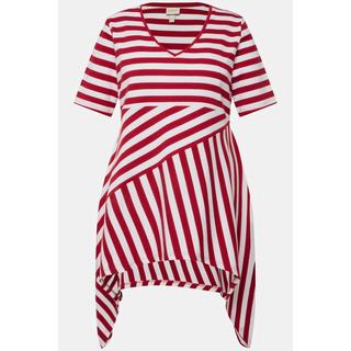 Ulla Popken  T-shirt long rayé en coton bio. Col en V, manches courtes. 