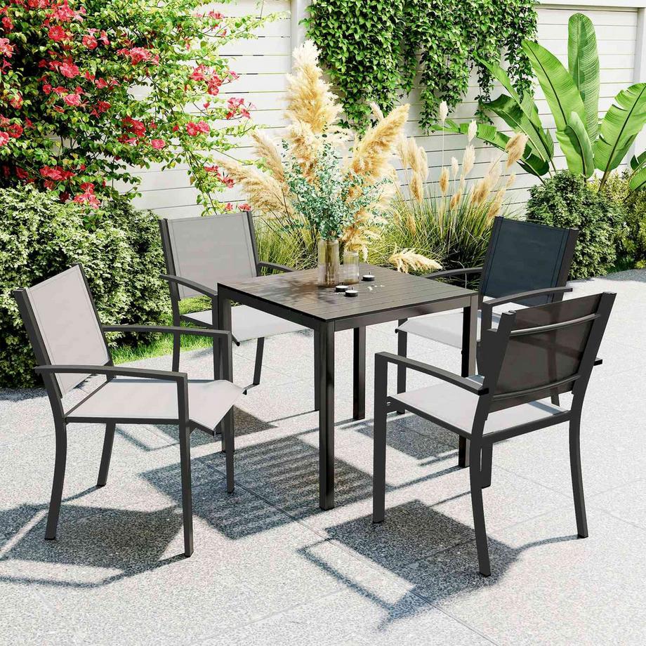 Northio Gartentisch Aluminium 73x73 cm Wetterfest Buffettisch mit Holzoptik, Campingtisch für 4 Personen rutschfest Balkontisch Outdoor Esstisch für Garten, Terrasse Balkon Schwarz Aosom  