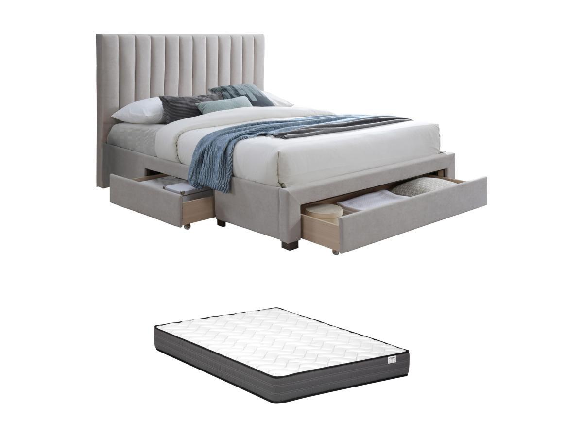 Vente-unique Lit avec 3 tiroirs 140 x 200 cm - Tissu - Beige + Matelas - LIAKO  