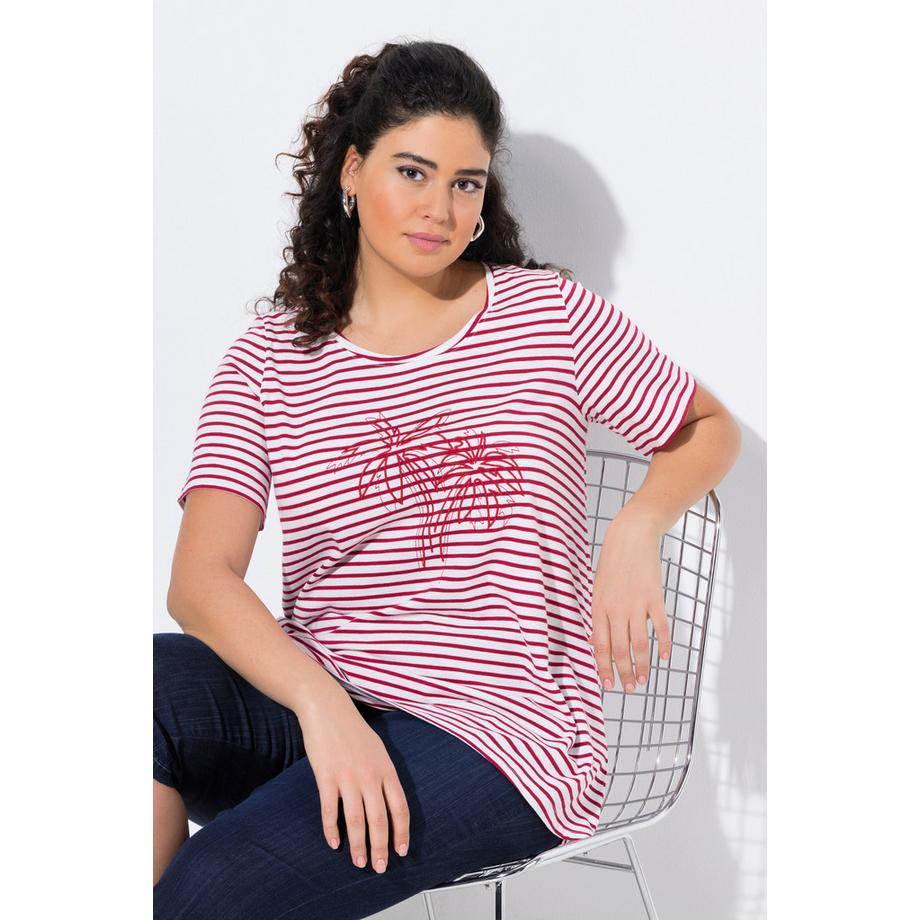 Ulla Popken T-shirt Righe Ricamo Palma Girocollo Maniche Corte  